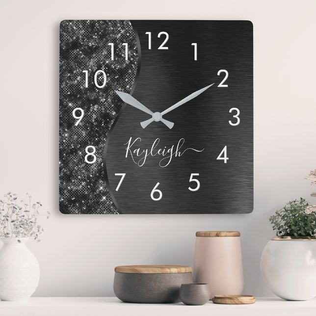 Horloge Carrée Parties scintillant noire métallique personnalisée (Créateur téléchargé)