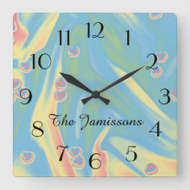 Horloge Carrée Pastel Blue Petits Coeurs, Nom, Rond ou Carré