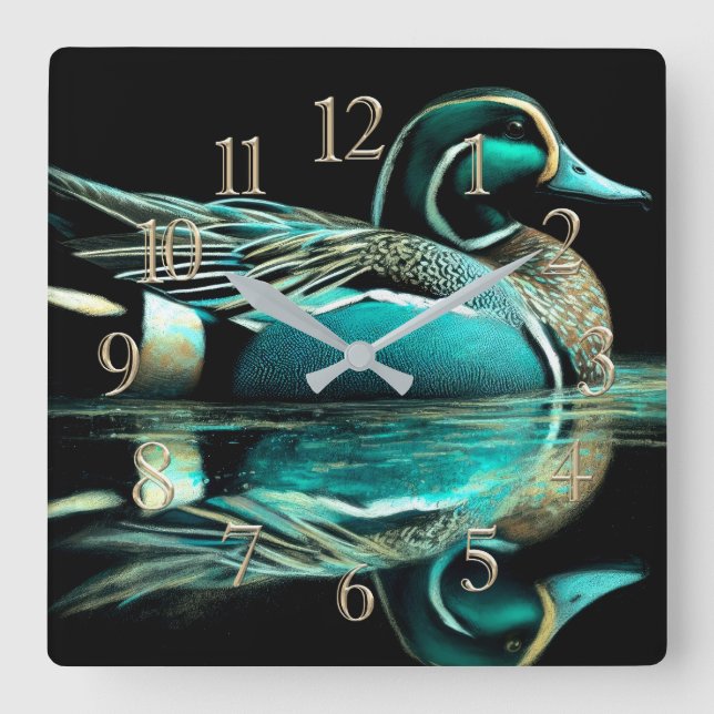Horloge Carrée Pastel Dessin de canard Turquoise sur l'eau (Recto)