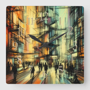 Horloge Carrée Pastel Dessin Futuriste Style Comique Ville