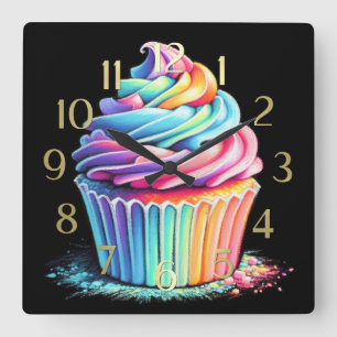 Horloge Carrée Pastel Dessin Rainbow Swirl Frosting Cupcake