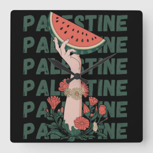 Horloge Carrée pastèque, fleurs et palestine Texte Répéter