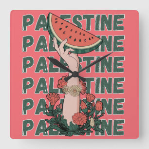 Horloge Carrée pastèque, fleurs et palestine Texte Répéter