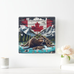 Horloge Carrée Pavillon de l'édifice Beaver près du drapeau canad