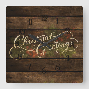 Horloge Carrée Pays rustique Charme Bois Peint Noël