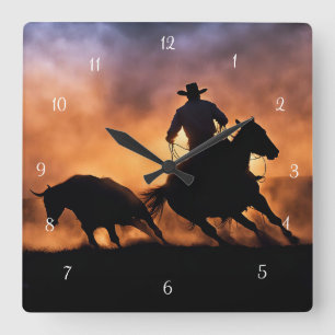 Horloge Carrée Pays Western Roping Cowboy et Horse