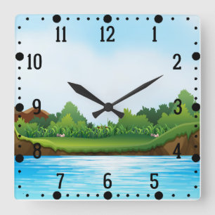 Horloge Carrée Paysage bleu ciel vert-10826