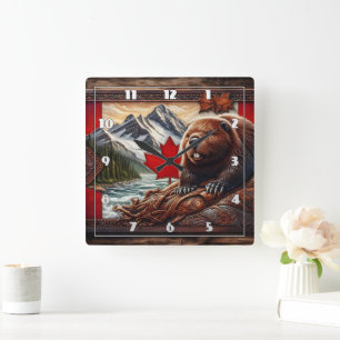 Horloge Carrée Paysage canadien avec castor et feuille d'érable
