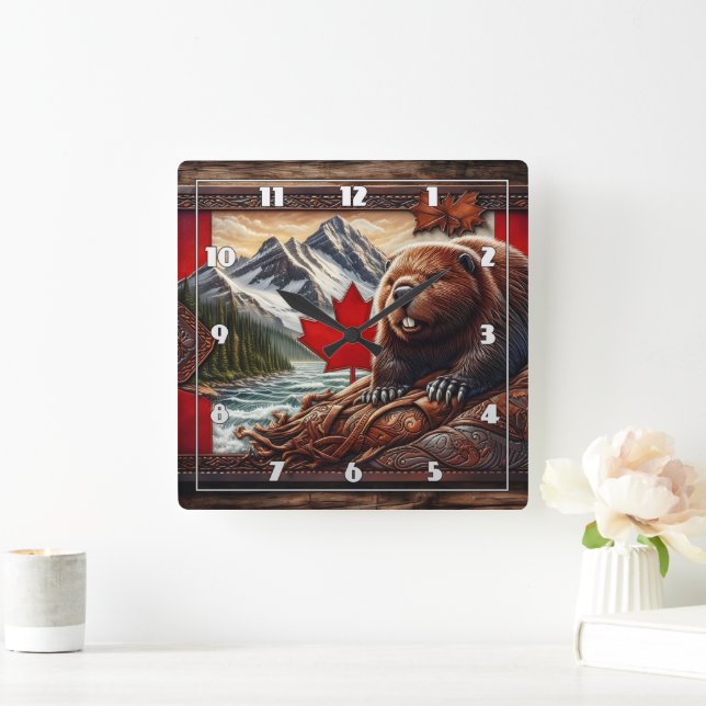 Horloge Carrée Paysage canadien avec castor et feuille d'érable (Maison)