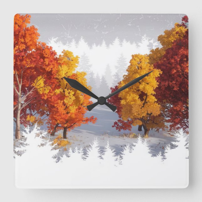 Horloge Carrée Paysage d'automne neigeux (Recto)