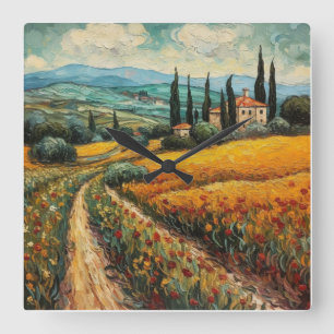 Horloge Carrée Paysage de campagne de Toscane aux fleurs sauvages