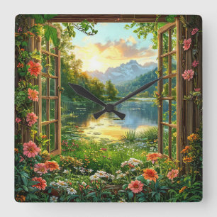 Horloge Carrée Paysage de fenêtre faux