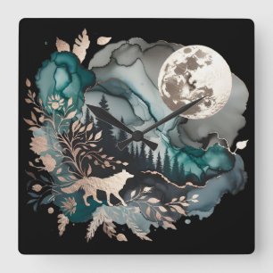 Horloge Carrée Paysage de loup et lune or Turquoise