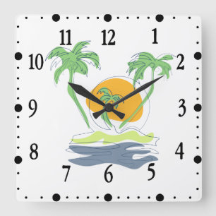 Horloge Carrée Paysage de plage d'île tropicale. Contour palmier