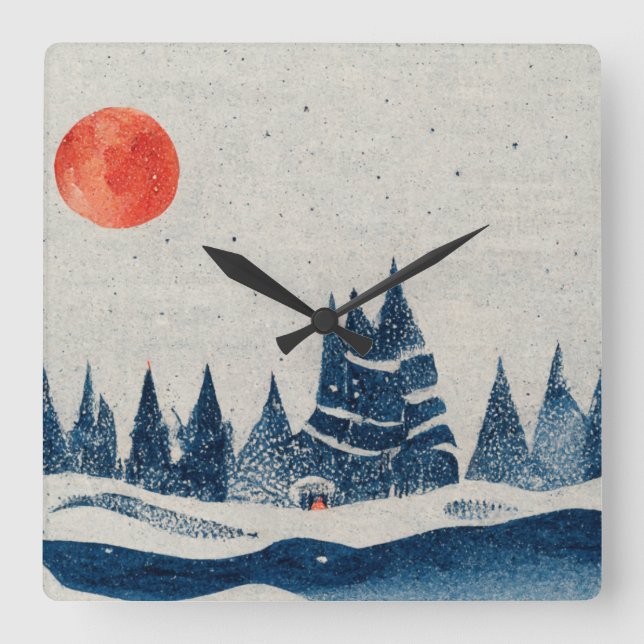 Horloge Carrée Paysage d'hiver Forêt Marine Bleu dessin rouge (Recto)