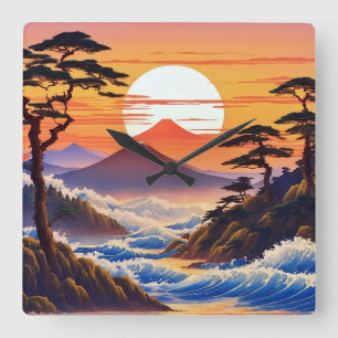 Horloge Carrée Paysage du coucher du soleil japonais