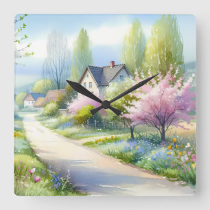 Horloge Carrée Paysage enchanteur de campagne aux fleurs