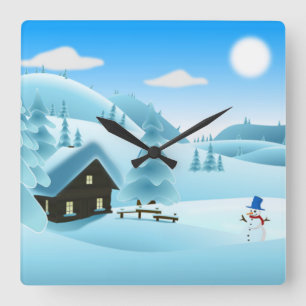 HORLOGE CARRÉE PAYSAGE HIVER "HAPPY HOLIDAYS"