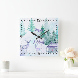 Horloge Carrée Paysage hivernal à l'aquarelle Joyeuses Fêtes