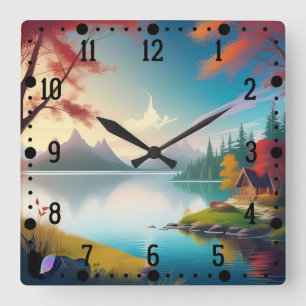 Horloge Carrée Paysage naturel avec lac et chalet