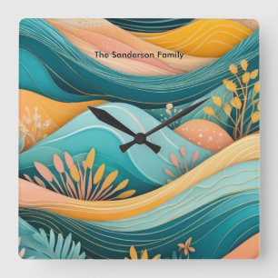Horloge Carrée Paysage Rétro Groovy Monogramme Élégant