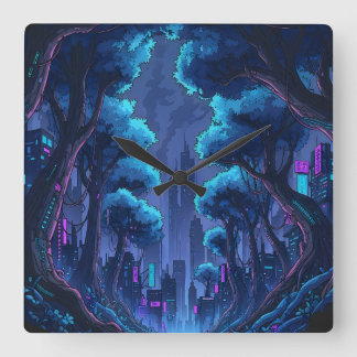 Horloge Carrée Paysage urbain néon cyberpunk métropole futuriste