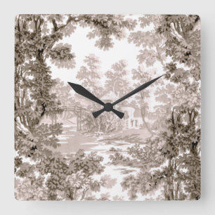 Horloge Carrée Paysage Vintage de chalet Toile Brown et blanche