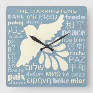 Horloge Carrée PEACE in languages custom name & color wall clock