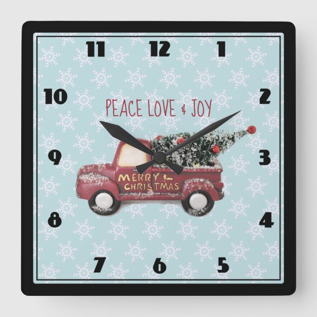 Horloge Carrée Peace Love & Joy Toy Camion Joyeux Noël (Recto)