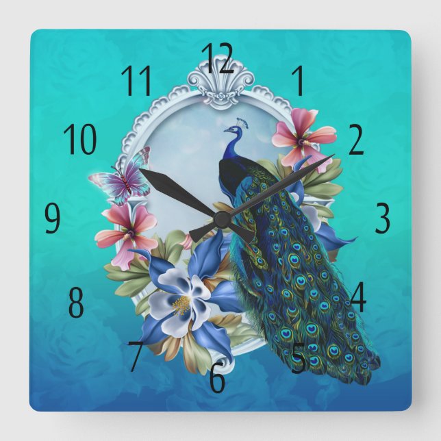 Horloge Carrée Peacock and Floral Square Wall Clock (Recto)