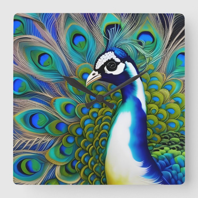 Horloge Carrée Peacock blanc bleu et vert Piebald (Recto)