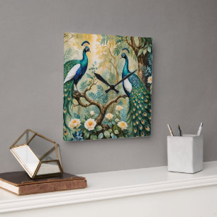 Horloge Carrée Peacock Golden Turquoise Floral Jungle