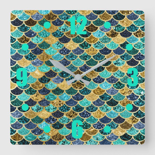 Horloge Carrée Peau de sirène - Balances de poisson Turquoise or  (Recto)