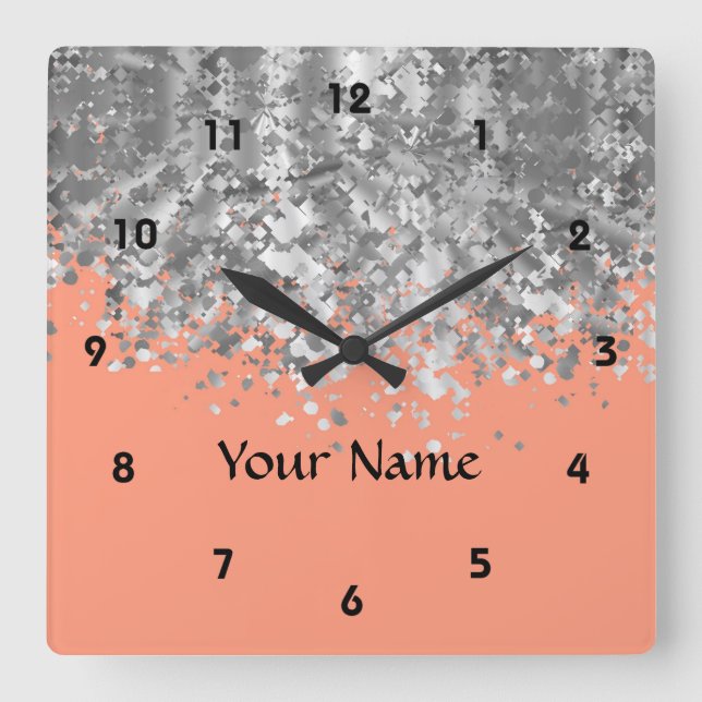 Horloge Carrée Pêche et fausse parties scintillant personnalisée (Recto)