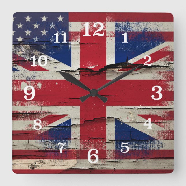 Horloge Carrée Peinture à craquelures | Drapeau américain britann (Recto)