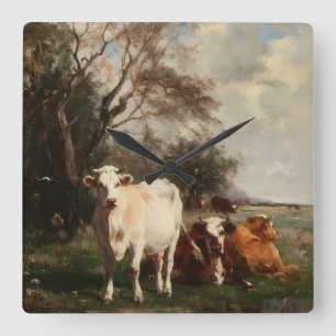 Horloge Carrée Peinture à l'huile pastorale vintage - Vaches dans
