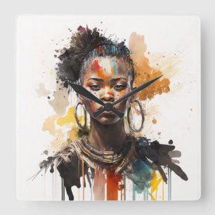 Horloge Carrée Peinture aquarelle, Belles femmes de la tribu afri