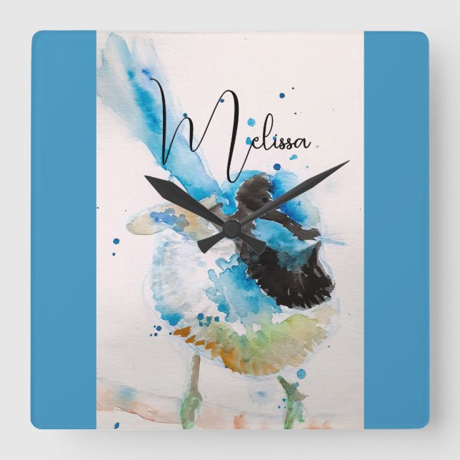 Horloge Carrée Peinture aquarelle Troglodyte bleu Oiseaux austral (Recto)
