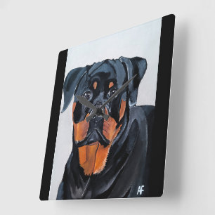 Horloge Carrée Peinture de Rottweiler par Alfred Fox