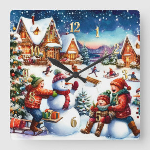 Horloge Carrée Peinture d'enfants Hiver amusant Snowmen Dormir