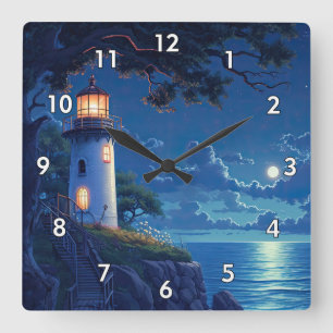Horloge Carrée Peinture numérique d'un phare au clair de lune