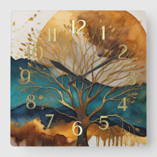 Horloge Carrée Peinture Paysage Abstrait Or Rouille Bleu