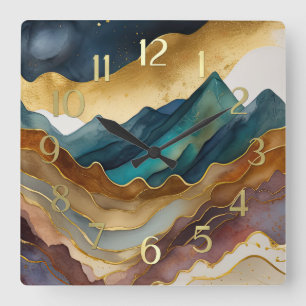 Horloge Carrée Peinture Paysage Abstrait Or Rouille Bleu