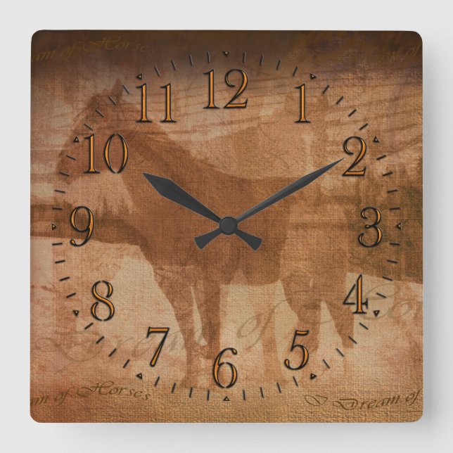 Horloge Carrée Peinture Rustique Cheval, Art Equin pour les amate (Recto)