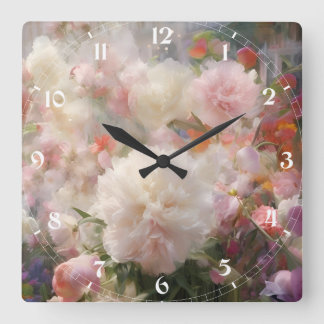 Horloge Carrée Peintures aquarelles de pivoines blanches et roses