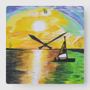 Horloge Carrée Peintures DG Couché de soleil en voile
