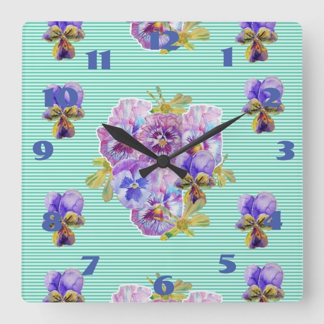 Horloge Carrée Pensées Aqua Turquoise Floral Démodé (Recto)
