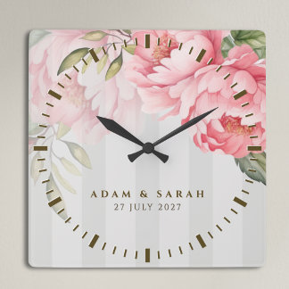 Horloge Carrée Peony Sage Green Wedding Clock | Floral Gift