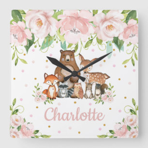 Horloge Carrée Pépinière de filles de bois rose pâle
