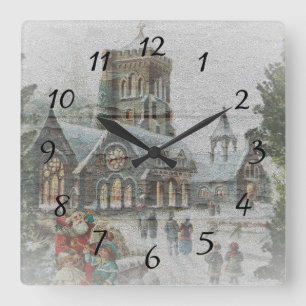 Horloge Carrée Père Noël ancienne avec enfants devant une église